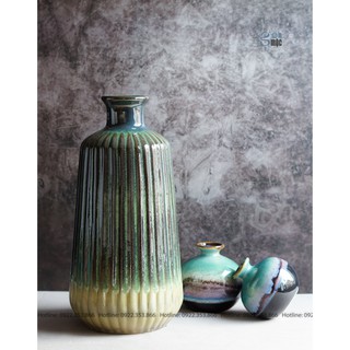 Lọ hoa men hỏa biến amazon, vân dọc, gốm Bát Tràng
