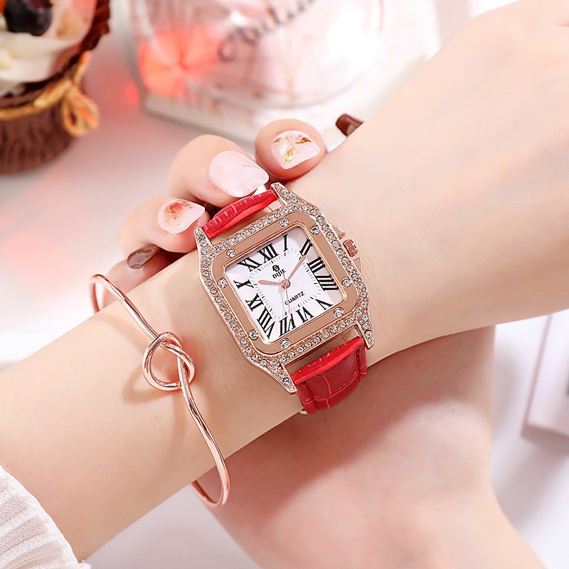 Đồng Hồ Nữ Dây Da Đỏ Dzg Mặt Đính Đá Nhân Tạo Thời Trang Sang Chảnh - Hazo