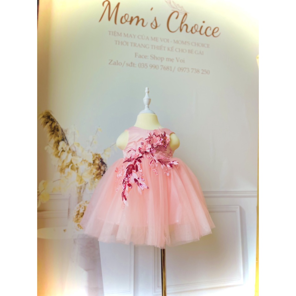 Váy công chúa, đầm công chúa bé gái thiết kế cao cấp màu hồng cho bé gái từ 1 đến 10 tuổi đính hoa tại Mom's Choice