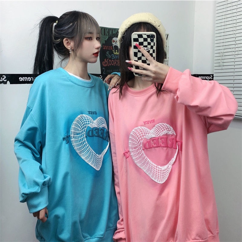 ZHELIHANGFEI Áo Sweater Dáng Rộng Hoạ Tiết Trái Tim Hợp Thời Trang