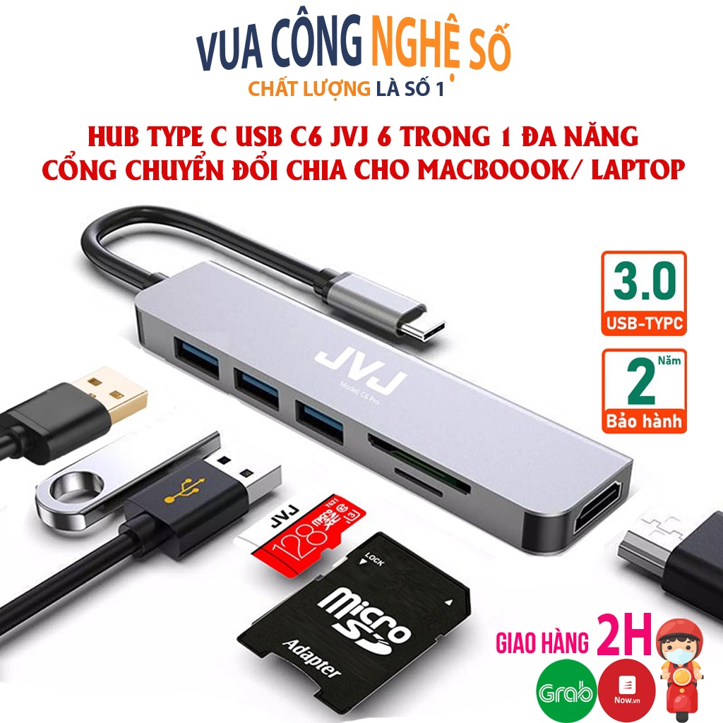 Hub type C Macbook laptop C6 JVJ 6 trong 1, chia cổng USB 3.0 tốc độ 500Mb/s SD, TF, 4K,HDMI, vỏ kim loại