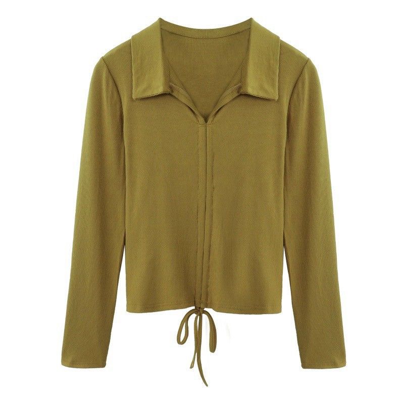 Áo thun cổ bẻ tay dài phối dây rút giữa sành điệu A15