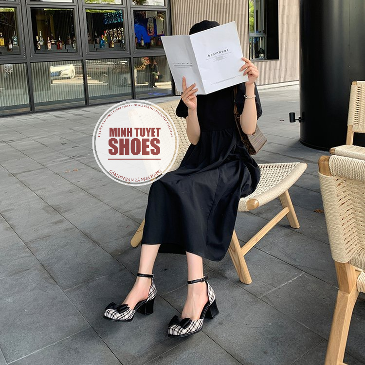 giày cao gót nữ minhtuyetshoes đế vuông 5cm mũi tròn đính nơ lụa xinh xắn phong cách tiểu thư