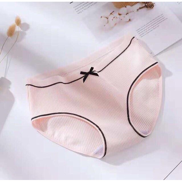 Quần Lót Cotton Tăm Viền Kẻ Phối Nơ Cao Cấp 028