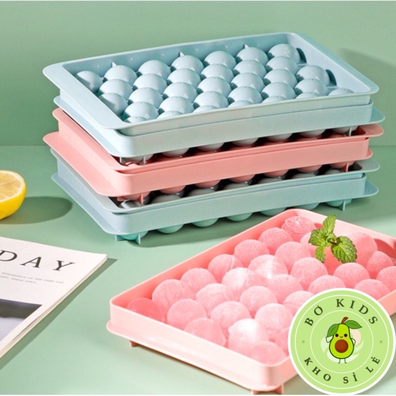 Khay đá tròn tủ lạnh 33 viên, khuôn làm đá có nắp đậy thông minh hình bi
