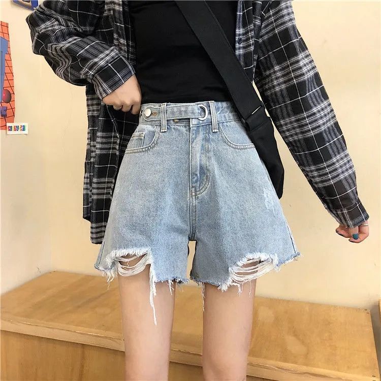 AMOI Quần Short Jean Lưng Cao Ống Rộng Phối Rách Phong Cách Hàn Quốc Dành Cho Nữ 2022