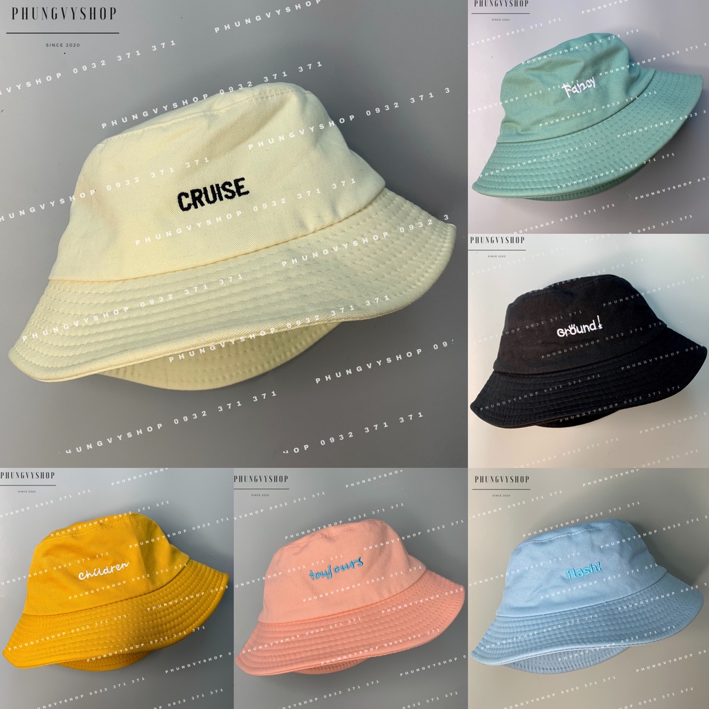 Mũ bucket thời trang basic nam nữ- KAKI THÊU “6 LOẠI CHỮ”- nón tai bèo vành