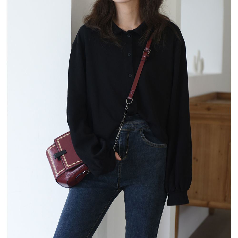 Áo dáng lửng dài tay cổ bẻ thời trang đơn giản cho bạn nữ