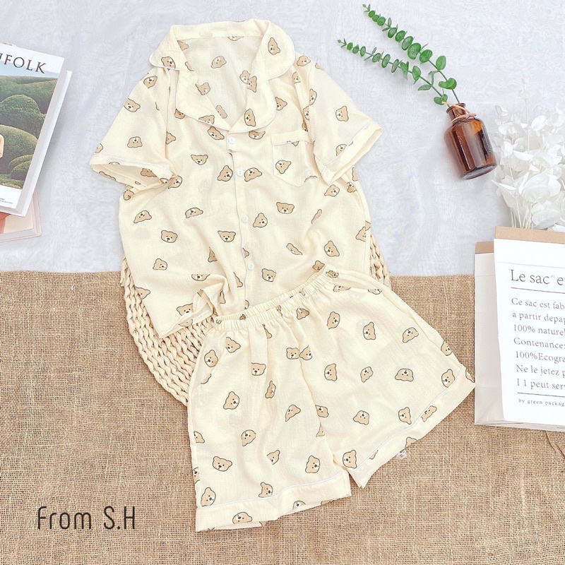 Sale  Pijama xốp đũi Hàn quần đui hoạ tiết xinh xắn. Bộ ngủ nữ hoạt hình dễ thương