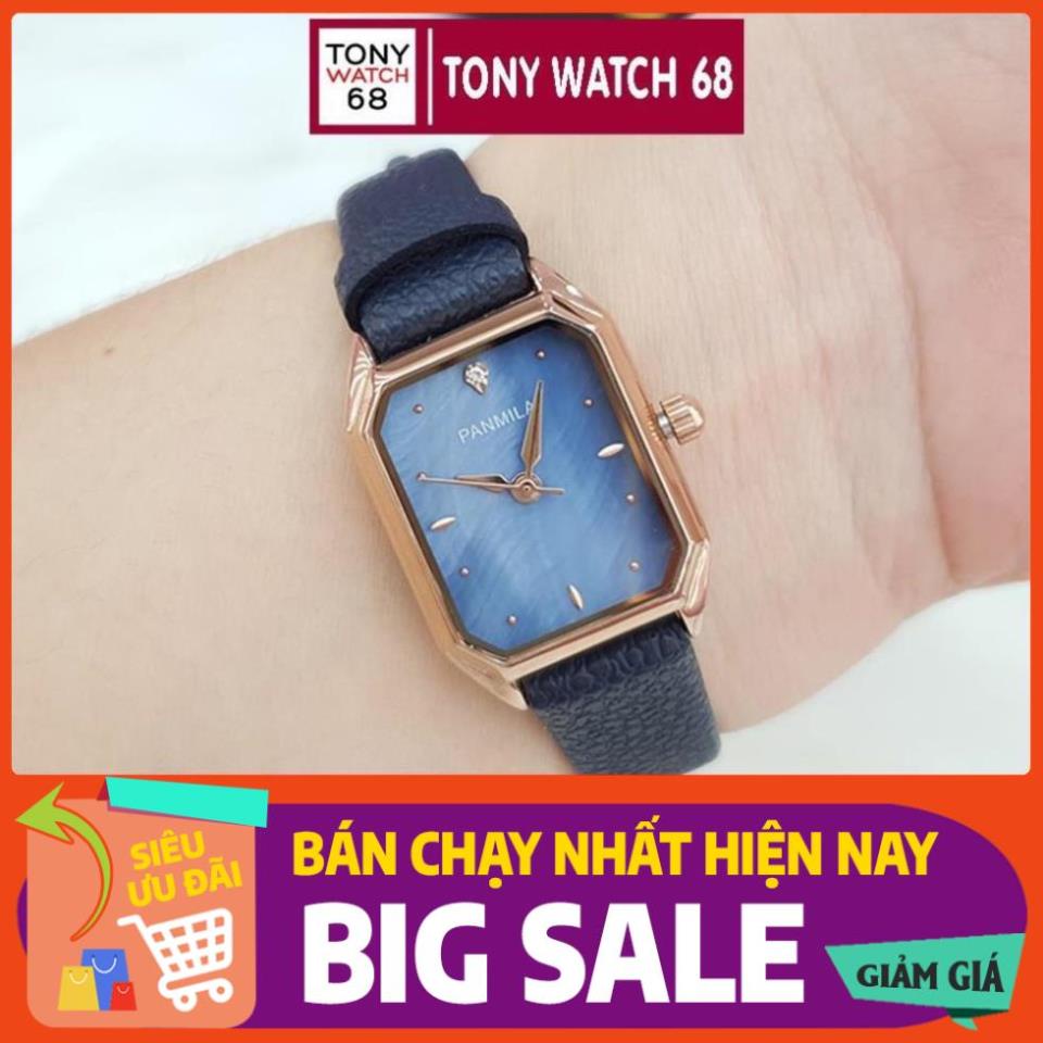 Đồng hồ nữ Panmila dây da mặt vuông mini mạ viền vàng chính hãng Tony Watch 68