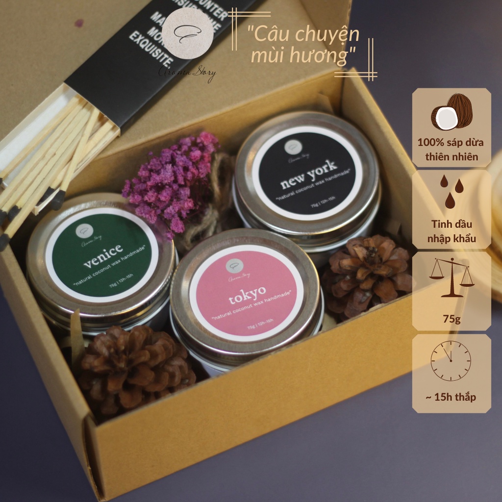 Nến Thơm Trang Trí, Cao Cấp, Tự Nhiên Aroma Story Hương Hoa Anh Đào Và Gỗ Ấm Tokyo Size 75g