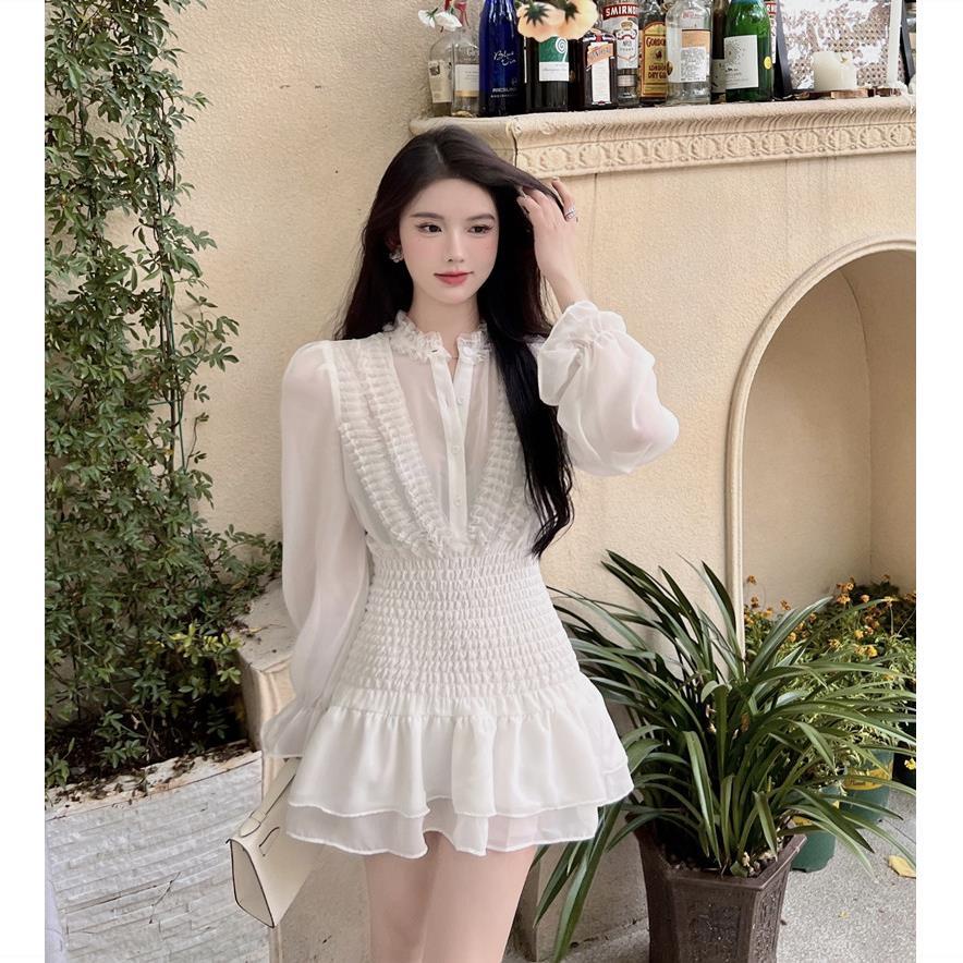 Đầm Chiffon Tay Dài Dáng Chữ a Màu Trắng Thời Trang Mùa Hè Xinh Xắn Cho Nữ