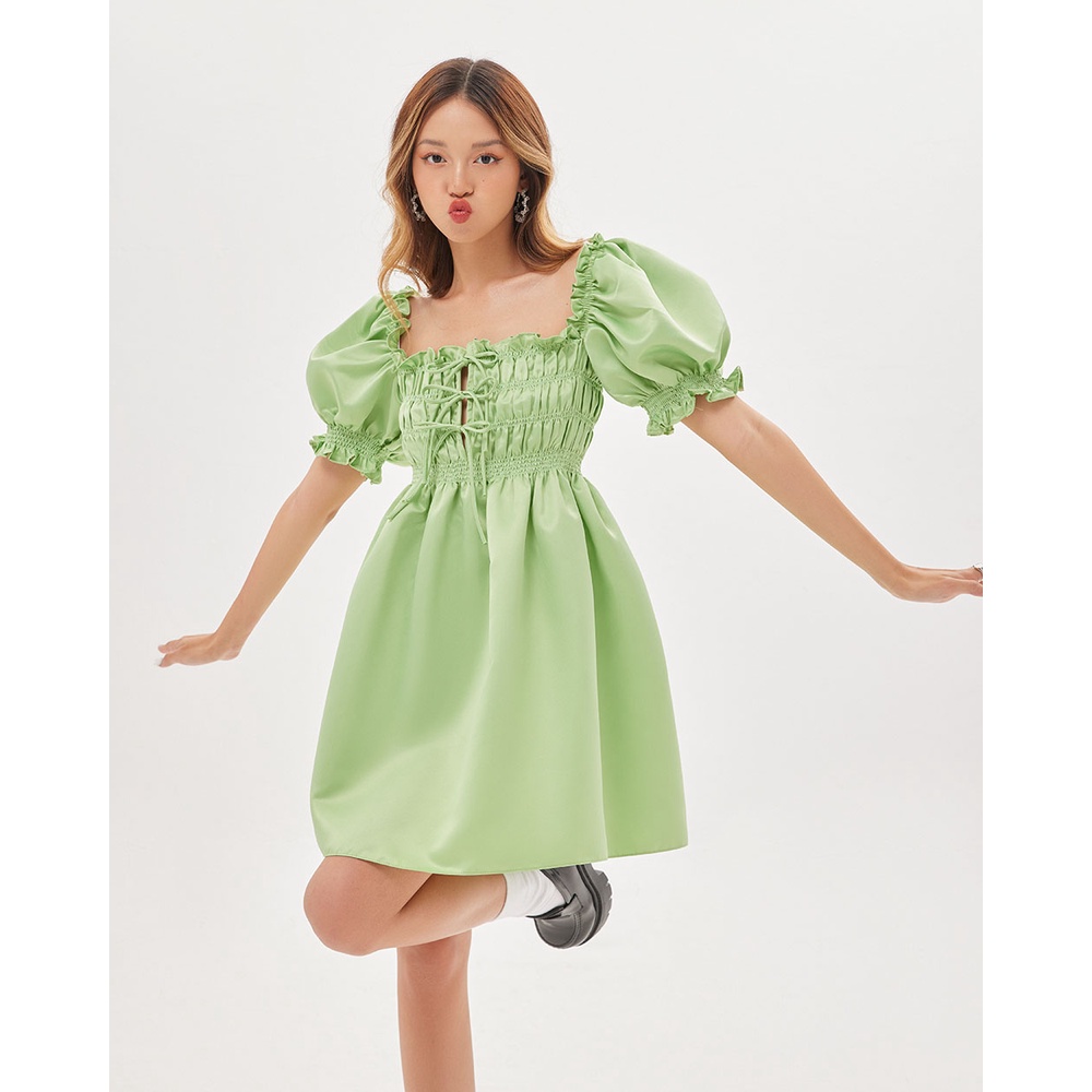 Đầm xoè SheByShj tay bồng màu xanh lá - Green Candy Dress