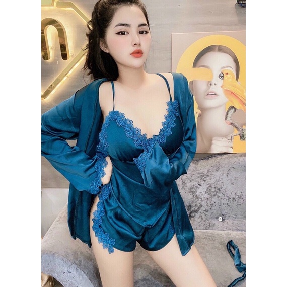 Sét bộ ngủ luạ kèm choàng sexy Viền Ren Chất Lụa Satin mềm mát