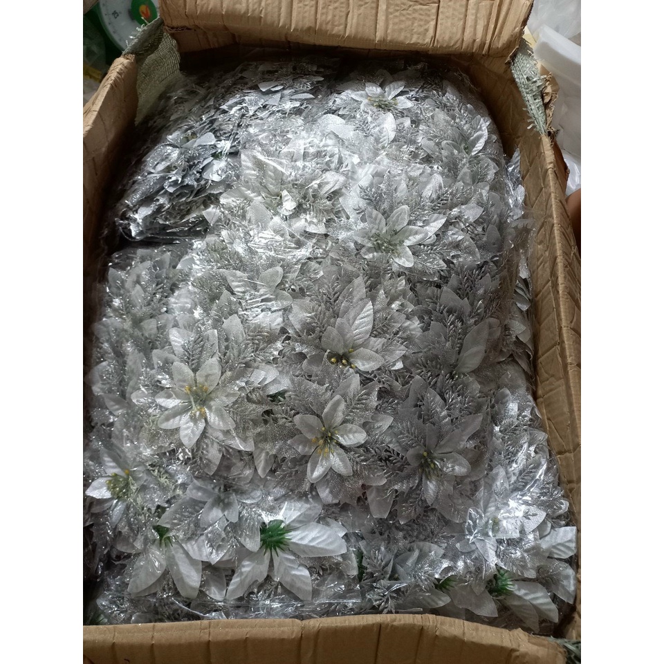 Hoa trạng nguyên vải lụa nhung size 14cm nhũ, kim tuyến trang trí vòng nguyệt quế, cây thông noel | Phụ kiện trang trí