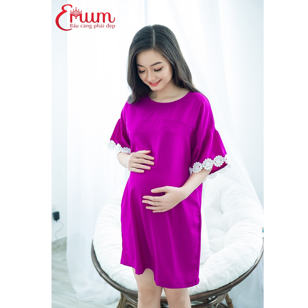 Đầm bầu suông phối tay ren hoa tím Emum