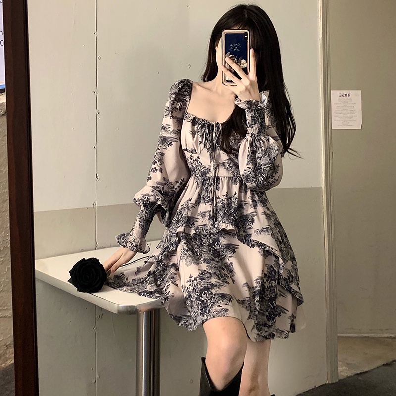 Đầm kiểu Perty tay dài họa tiết hoa phong cách retro thời trang cho nữ