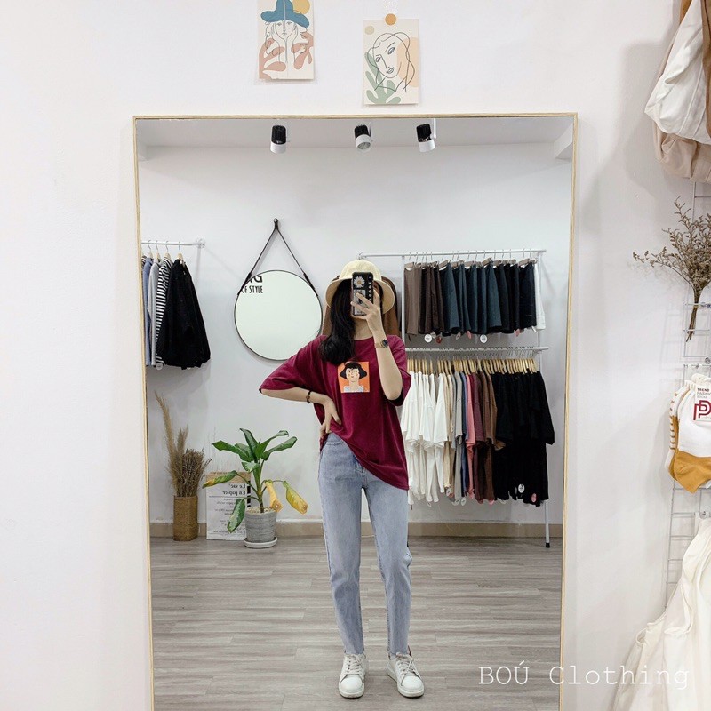 Áo thun ô màu cam + Jean dài cho Nữ