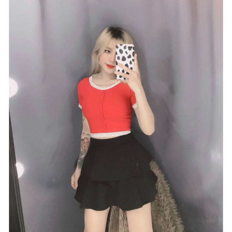 [Mã FASHIONT4WA2 giảm 10K đơn 50K] Áo thun CROPTOP VIỀN REN