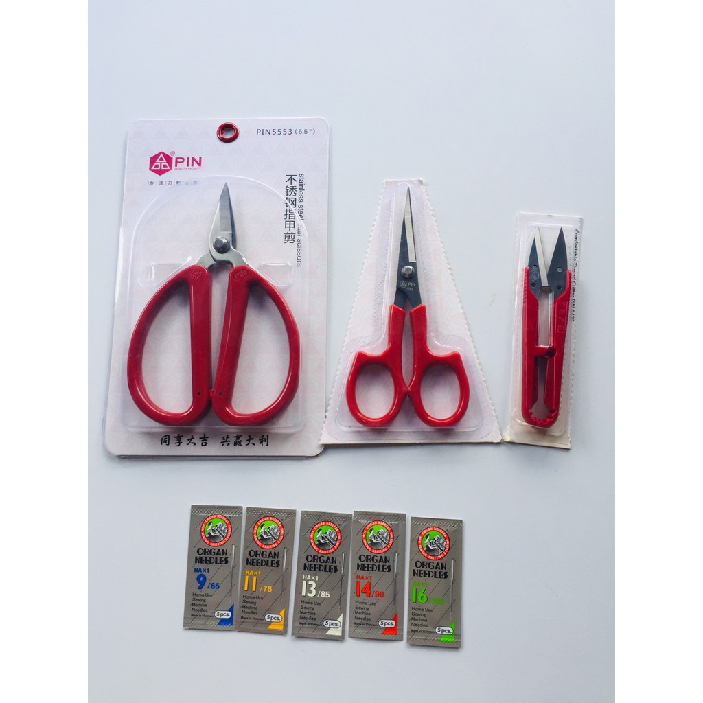 Combo 1 kéo bấm chỉ mũi cong kéo bổ cơi kéo bấm chỉ pin và 5 vỉ kim máy may gia đình số 9.11.13.14 và 16