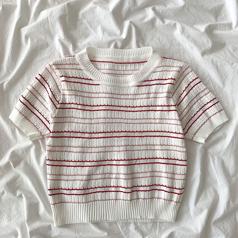 LALISAS Áo Dệt Kim Ngắn Tay Dáng Rộng Kẻ Sọc Dễ Phối Đồ Thời Trang Hàn Quốc Cho Nữ