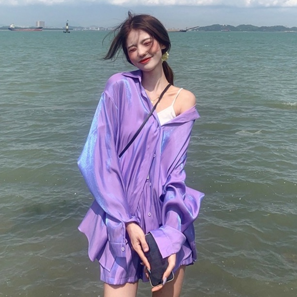 QKOOLE  Áo Sơ Mi Tay Dài Dáng Rộng Chống Nắng Thời Trang Hàn Quốc Cho Nữ