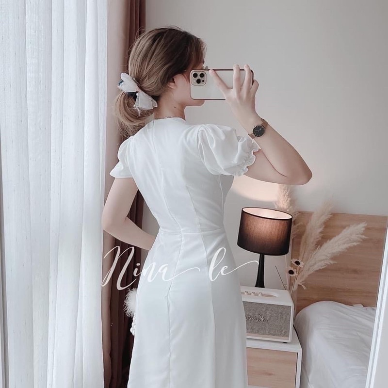 ĐẦM MIDI TRẮNG NHÍU NGỰC NÚT BỌC TAY BÚP MẪU CHỊ NINA LÊ ✨LOTUS SHOP✨