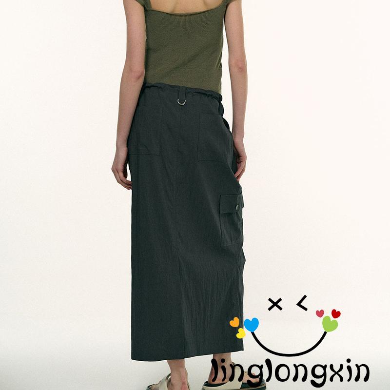 Chân Váy Dài Dáng Suông Màu Trơn Phối Túi Và Dây Rút Thời Trang Đường Phố Cho Nữ Linglongxi2-Y2K
