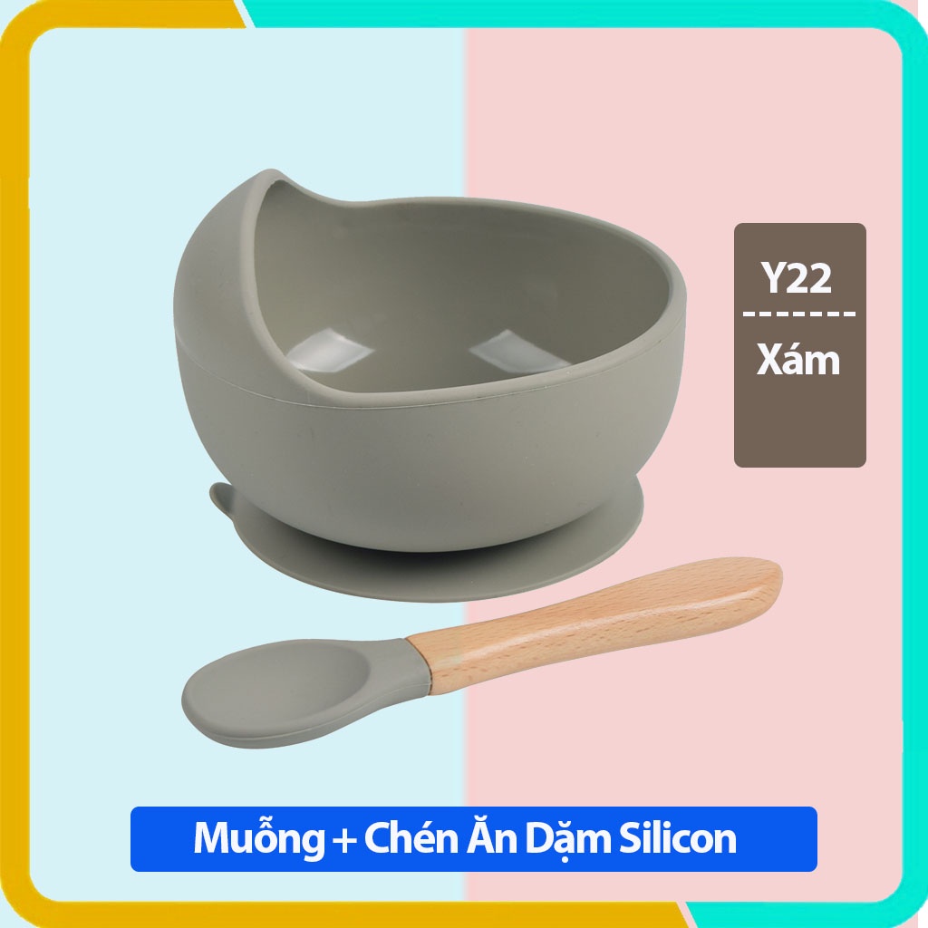 Chén Ăn Dặm Silicon Kèm Thìa Tay Cầm Gỗ - Đế Hít Chống Đỗ- Chất Liệu An Toàn Cho Bé- Ăn Dặm Chỉ Huy Kiểu Nhật