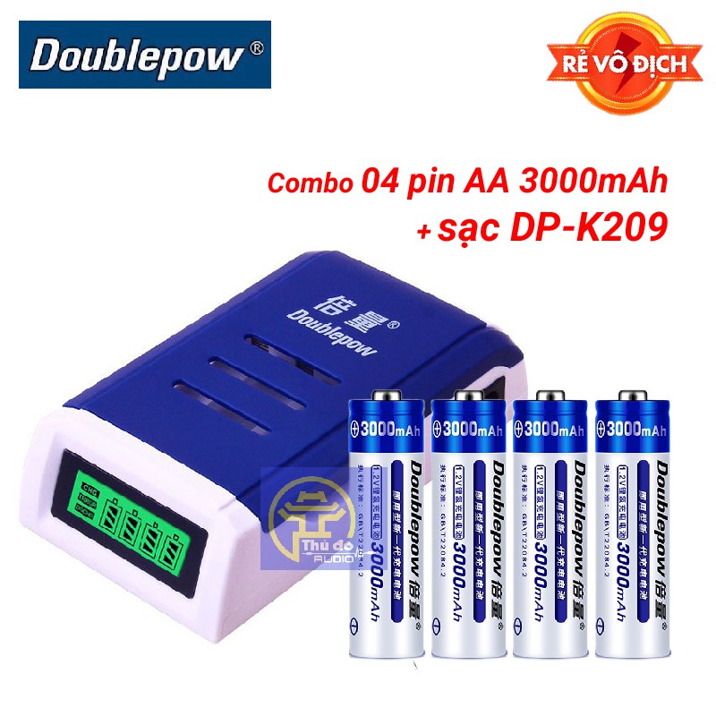 Combo 04 viên pin sạc AA Doublepow 3000mAh và Bộ Sạc Pin AA, AAA Doublepow K209 tự ngắt khi đầy