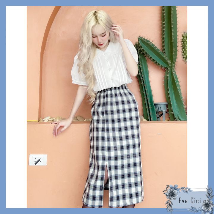 {EVACICI} Chân váy bút chì kẻ xẻ tà 2 lớp dáng dài, chân váy dài kẻ xẻ vạt (Ảnh thật mẫu nhà mình tự chụp tự quay)