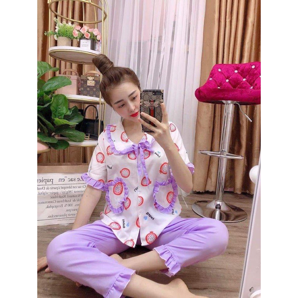 Đồ Bộ Pijama Dài Phối Hai Túi Tiểu Thư Xinh Xắn, Vải Kate Lụa Mềm Mịn Thoáng Mát, Freesize Dưới 57kg