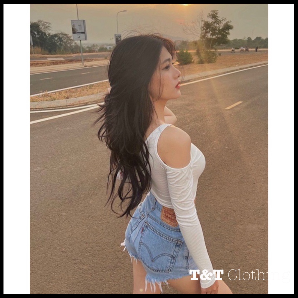 Áo croptop nữ kiểu lệch vai kiểu mới siêu đẹp |  Áo kiểu dài tay lệch vai sexy - AK0010 | 23tshop