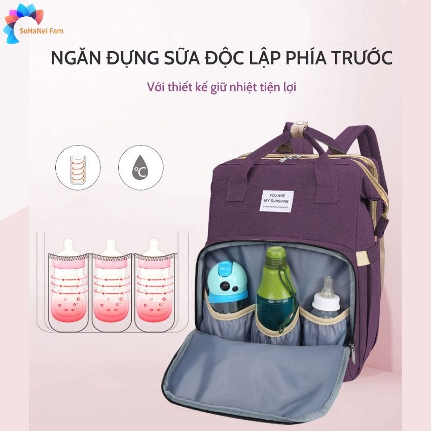 Balo Bỉm Sữa Đa Năng Tích Hợp Nôi Gấp Gọn Cho Bé, Nhiều Ngăn, Chống Bụi, Chống Thấm Nước -SOHANEI FAM -Mommy Bag