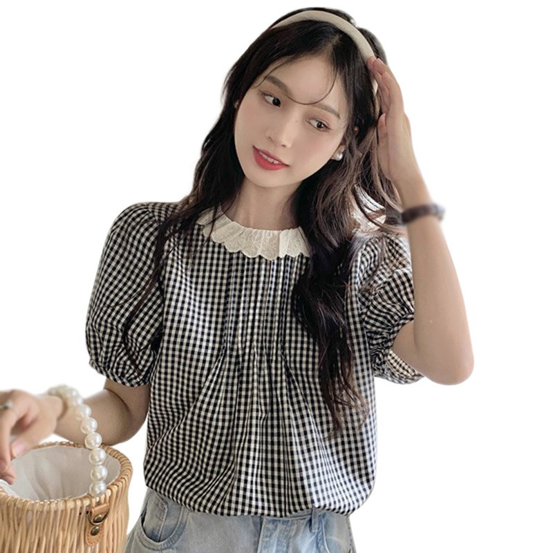 Áo Sơ Mi Tay Ngắn Cổ Tròn Phối Ren Thời Trang Hàn Quốc Dành Cho Nữ