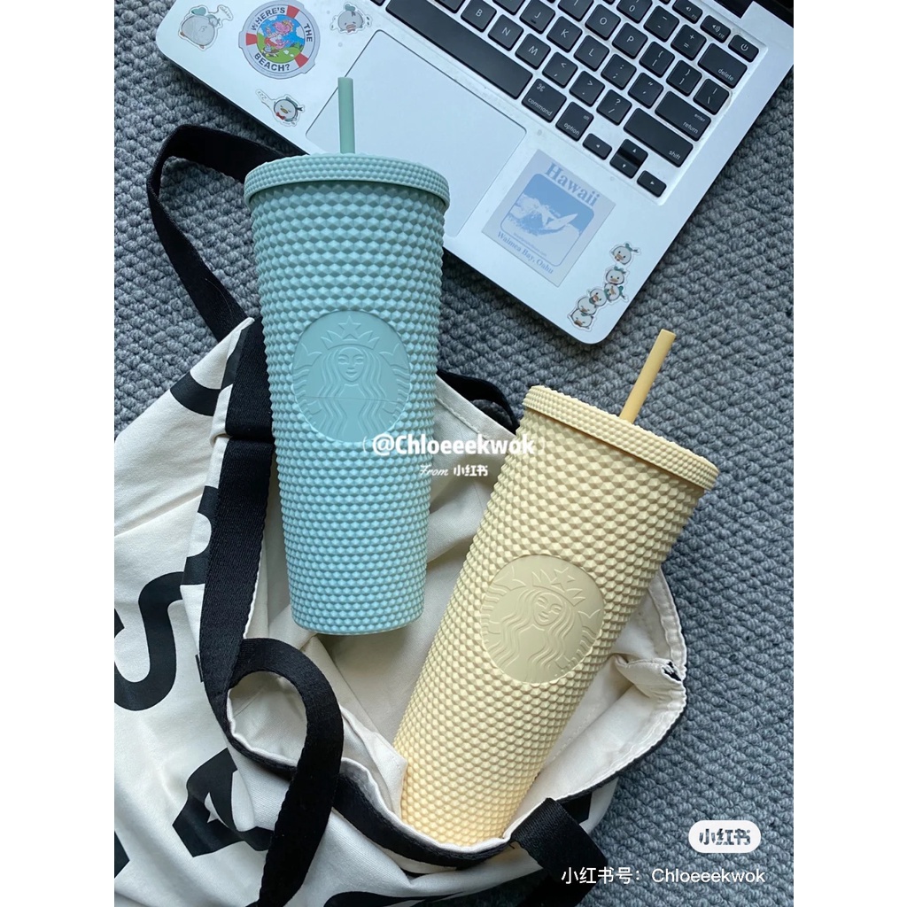 Ly Uống Nước Starbucks Có Ống Hút Màu Xanh Bạc Hà Họa Tiết Vân Kim Cương