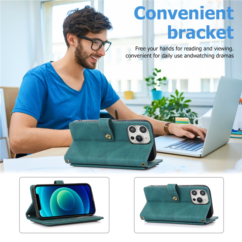 Bao Da Điện Thoại Dạng Ví Nắp Lật Có Nhiều Ngăn Đựng Thẻ Và Dây Đeo Cho IPhone 14 13 12 Mini 11 Pro Max Vỏ