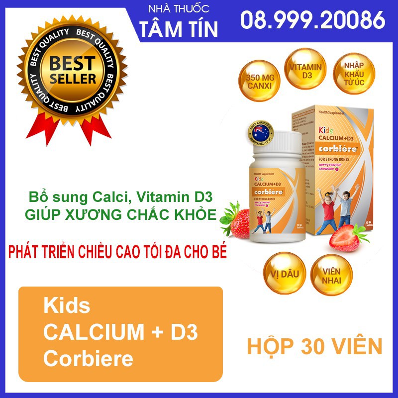 Viên nhai bổ sung canxi cho bé Kids Calcium D3 Corbiere 30 viên hương vị dâu