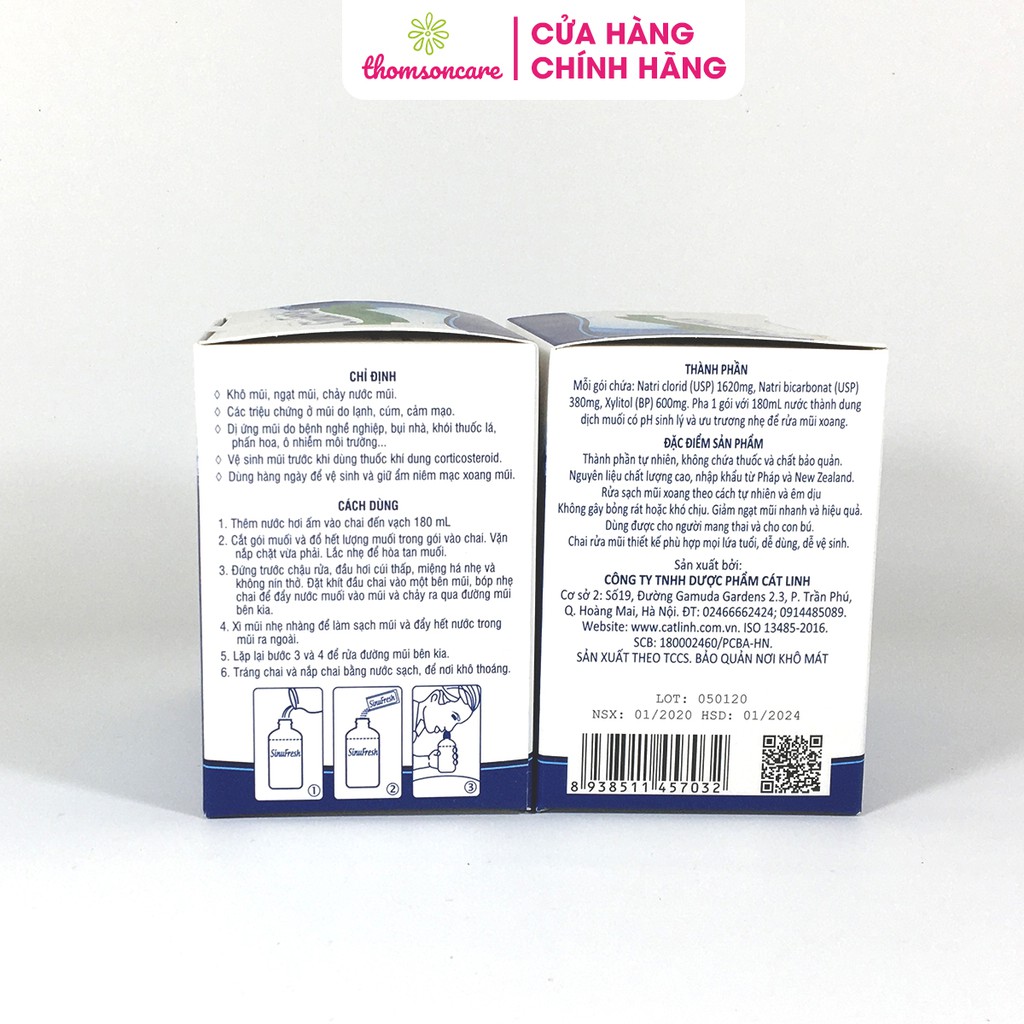 Muối rửa mũi xoang Sinufresh của Cát Linh, thành phần tự nhiên - Hộp 50 gói muối biển nano, giảm tắc mũi