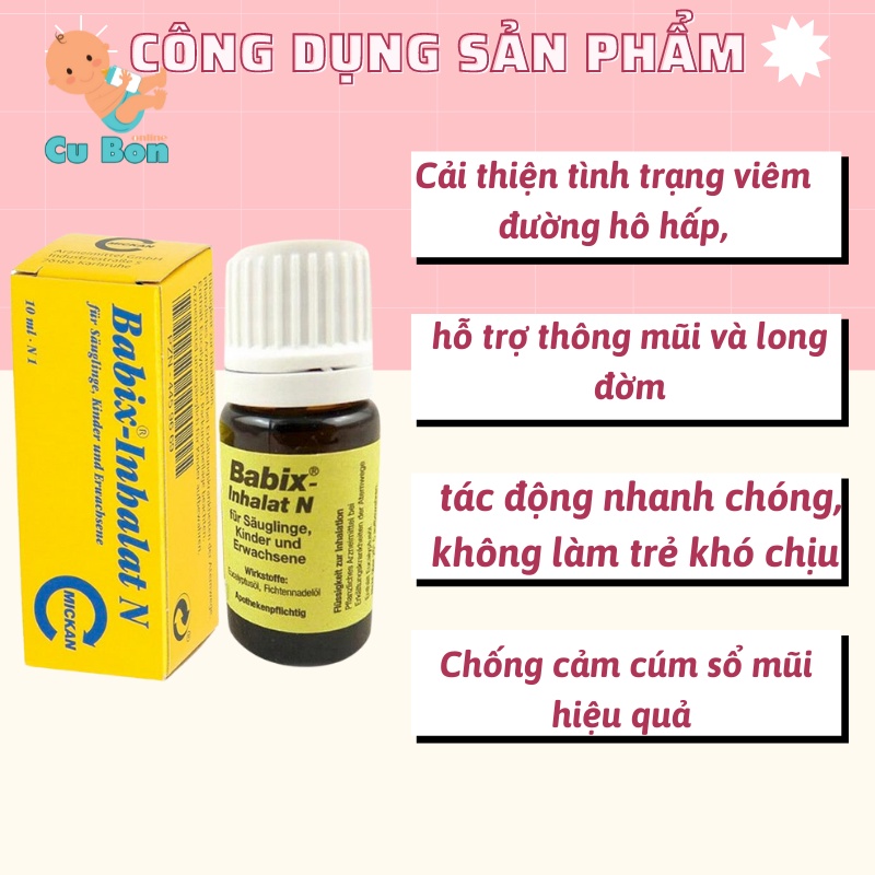 Tinh dầu chống cảm ho cảm cúm mũi họng Babix - inhalat N 10ml, Đức cho bé từ 4 tuần tuổi nhỏ giọt lên áo hoặc yếm cho bé