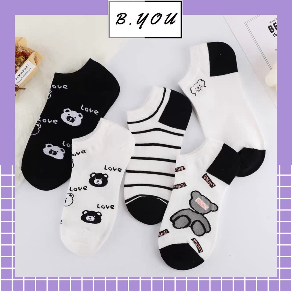 Tất cổ ngắn nữ phong cách trẻ trung, họa tiết hình gấu đáng yêu, chất liệu cotton, thấm hút mồ hôi TT84