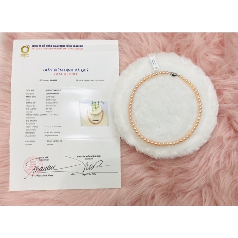 Chuỗi đeo cổ ngọc trai nhân tạo hồng cam 6ly ( có kiểm định )