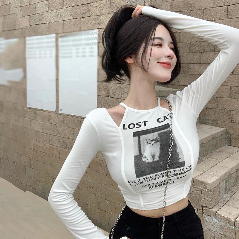 Áo thun lửng tay dài khoét vai gợi cảm cho nữ