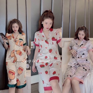 Đồ bộ pyjama quần lửng hoạ tiết dễ thương chất satin