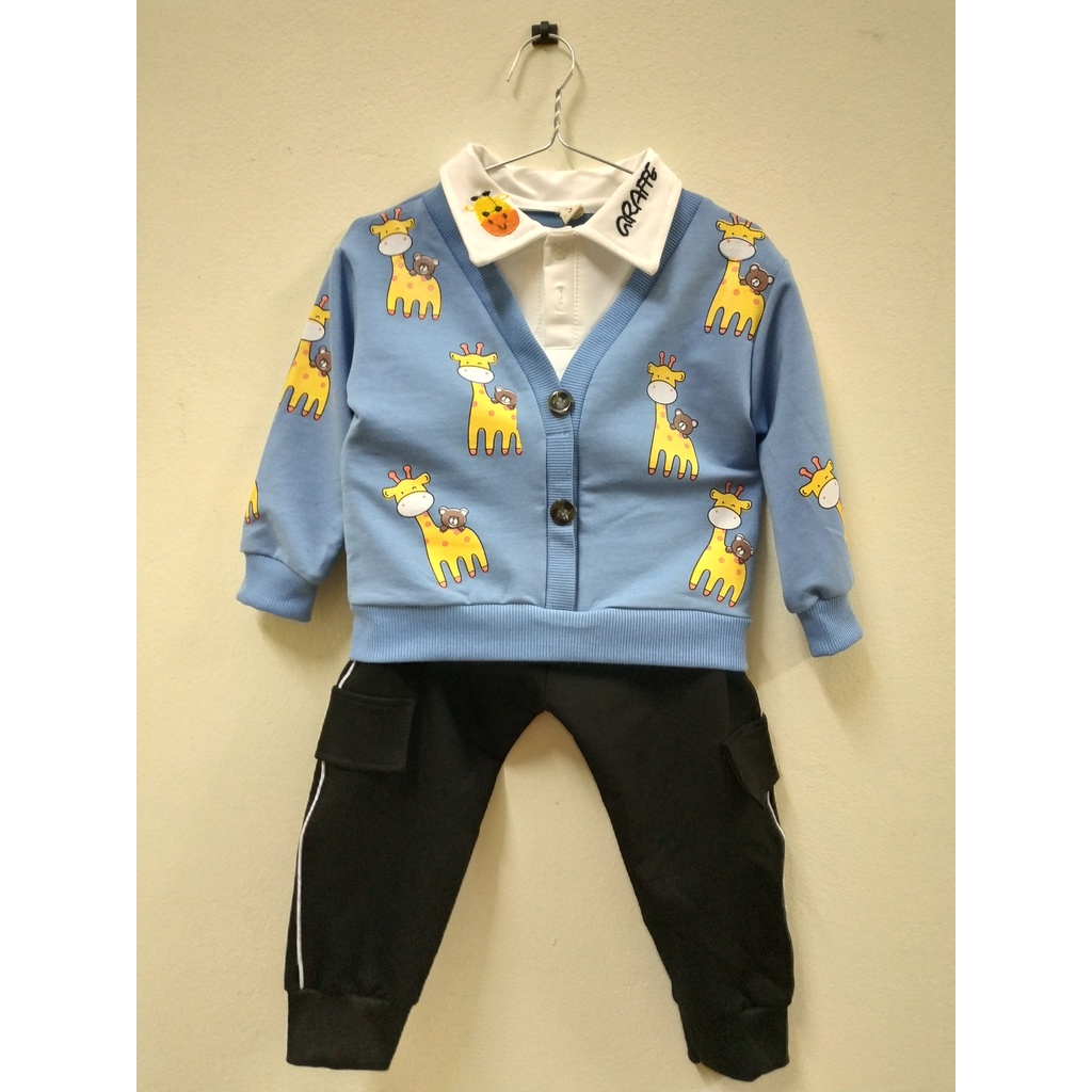 Bộ nỉ da cá cho bé, Bộ nỉ Cardigan giả nhiều lớp cho bé in hình ngộ nghĩnh