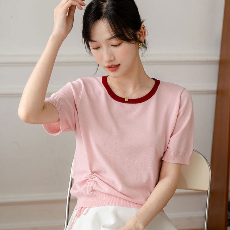 Áo thun YEYA tay ngắn cổ tròn vải lụa lạnh mỏng màu trơn phối dây rút cá tính cho nữ