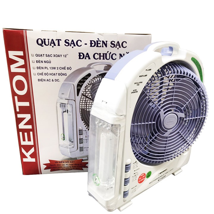 Quạt Kentom KT9200 2 Bình - Quạt Sạc tích điện kèm đèn Led