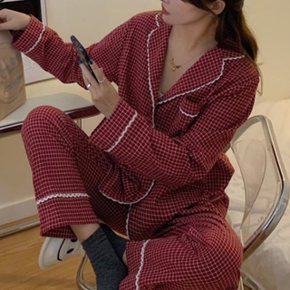 [SẴN] BN2_Bộ Ngủ pijama, đồ mặc nhà dài tay kẻ caro đỏ phối ren | Hàng quảng châu cao cấp