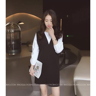 Váy bầu đen phối trắng cổ khoét v