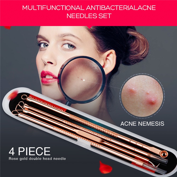 Bộ 4 Dụng Cụ Nặn Mụn Đầu Đen Bằng Thép Không Gỉ Kèm Túi Đựng